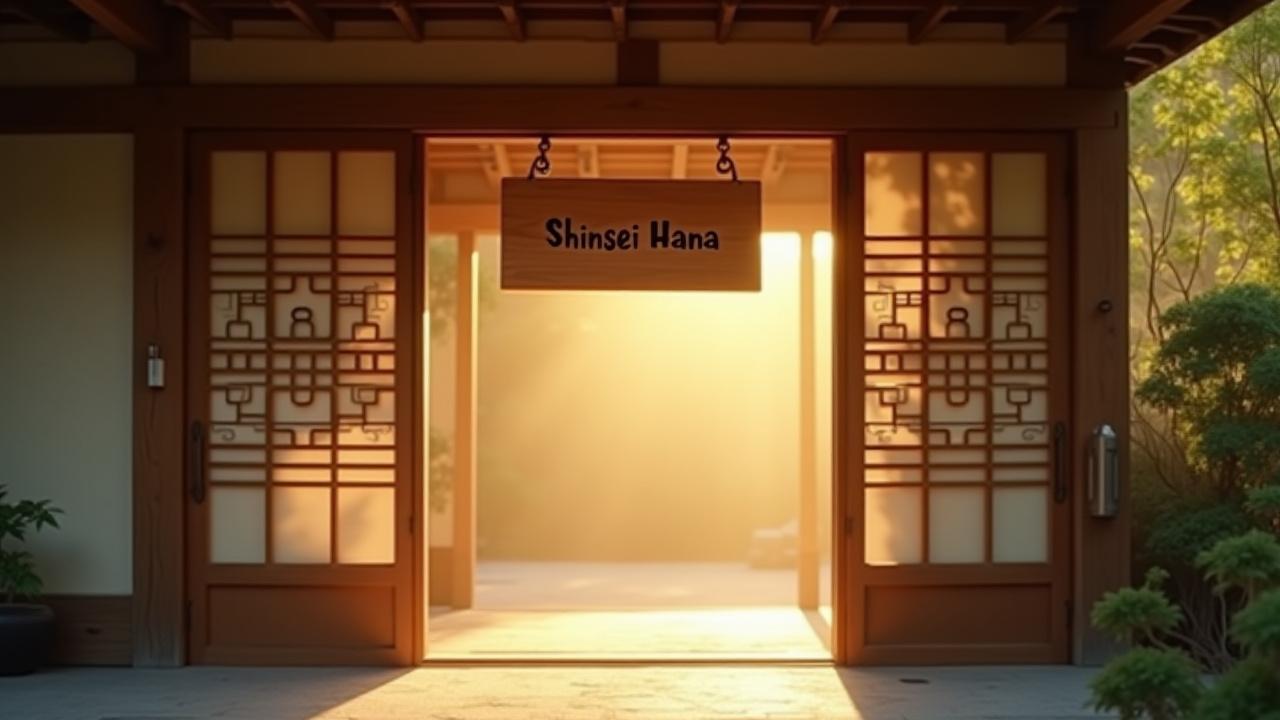 Shinsei Hana studio entrance with traditional wooden sign, bathed in soft morning light