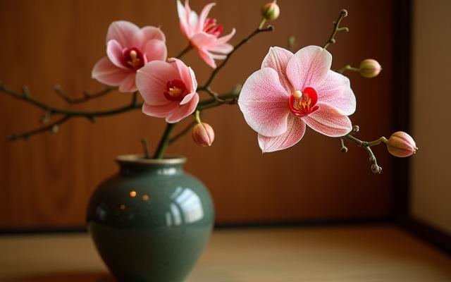 Close-up of a seasonal Ikebana arrangement elegantly displayed in a traditional tokonoma alcove