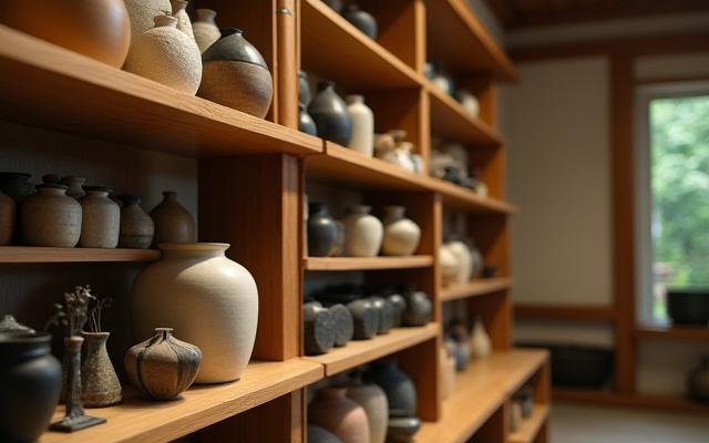Shelves filled with various elegant Ikebana vases and traditional tools