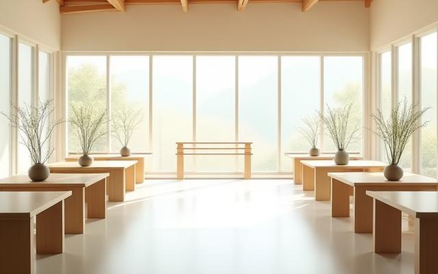 Spacious, well-lit main workshop area at Shinsei Hana studio, ready for class