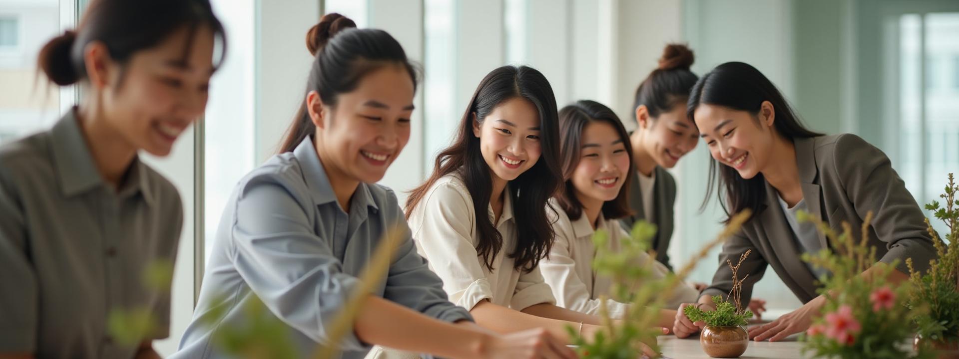 Diverse group of professionals engaged in an Ikebana corporate workshop, enjoying the creative process and interacting positively.