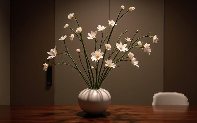 Sleek Ikebana arrangement for a corporate event table, featuring modern lines and subtle greens.