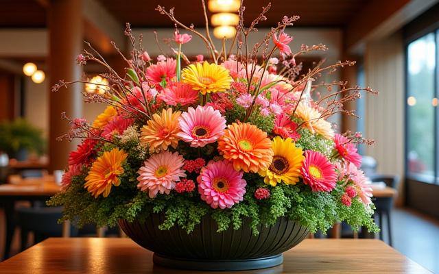 Vibrant Ikebana display for a cultural festival, featuring a mix of colorful seasonal flowers and dynamic forms.