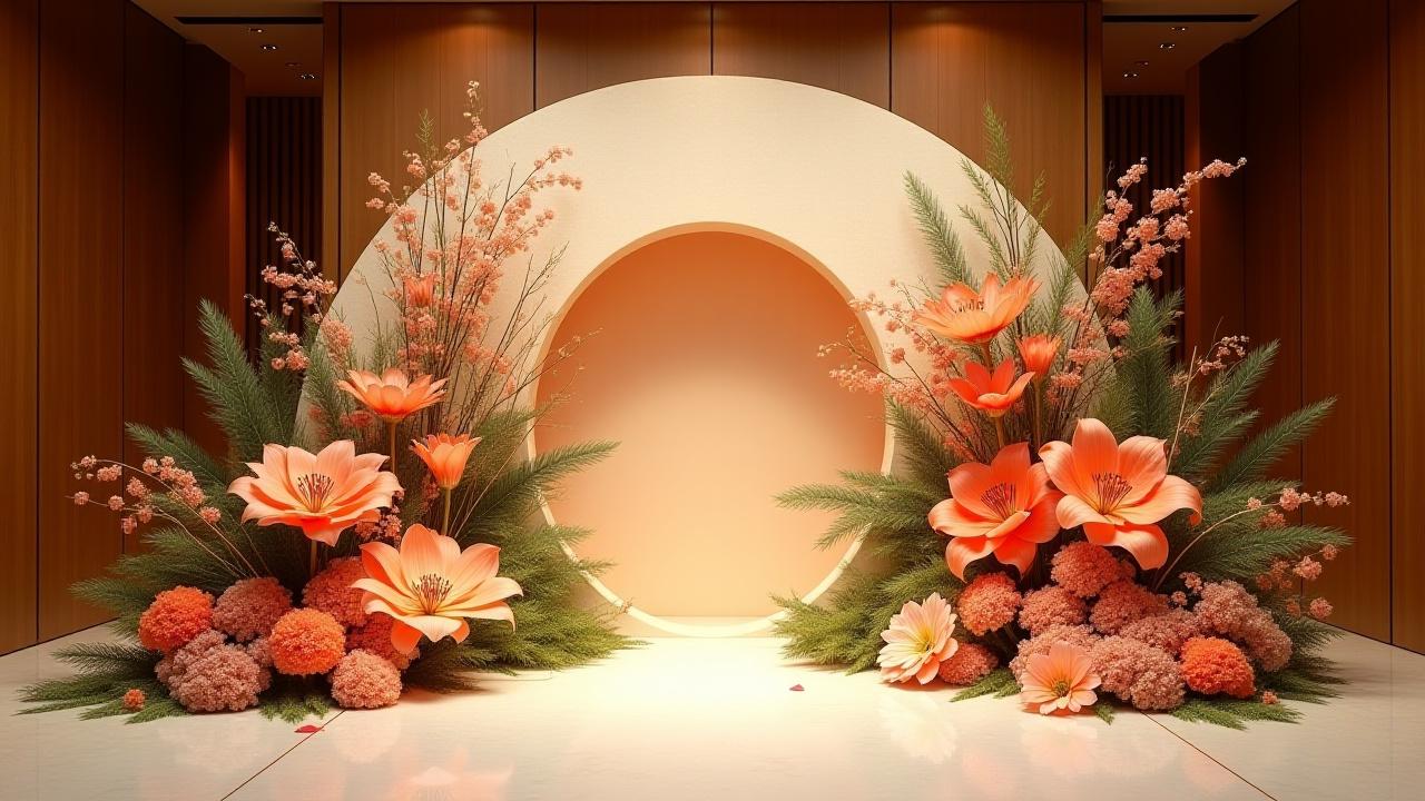 Stunning Ikebana arrangement creating an elegant backdrop for a formal event space, with subtle lighting.