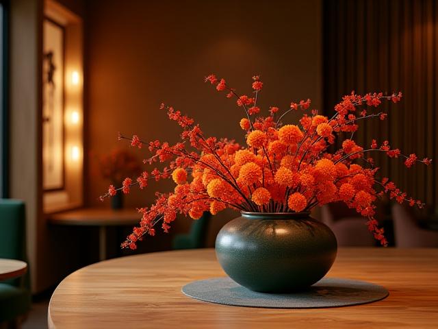 Warm, autumnal Ikebana arrangements decorating a new restaurant's entrance.