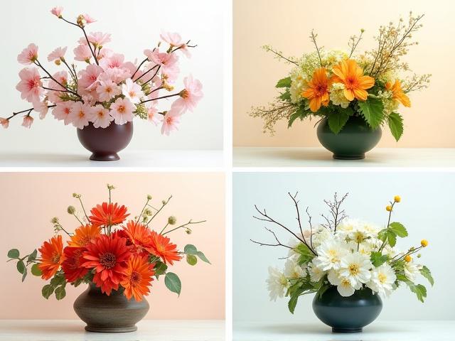 Collage of four distinct Ikebana arrangements, each depicting a different season: spring with cherry blossoms, summer with irises, autumn with chrysanthemums, and winter with camellias.