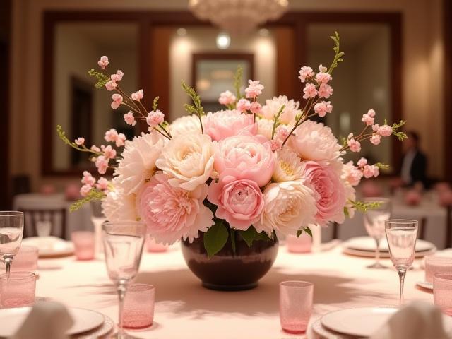 Elegant Ikebana centerpiece at a spring wedding, featuring cherry blossoms and peonies.