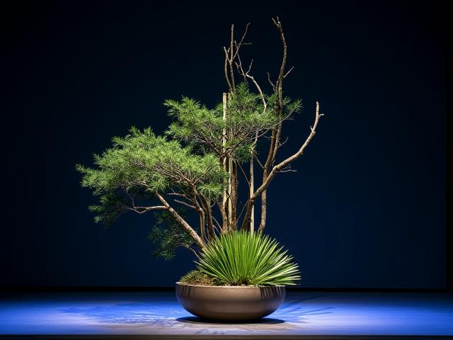 Modern Ikebana arrangement with bamboo and pine on a brightly lit corporate stage.