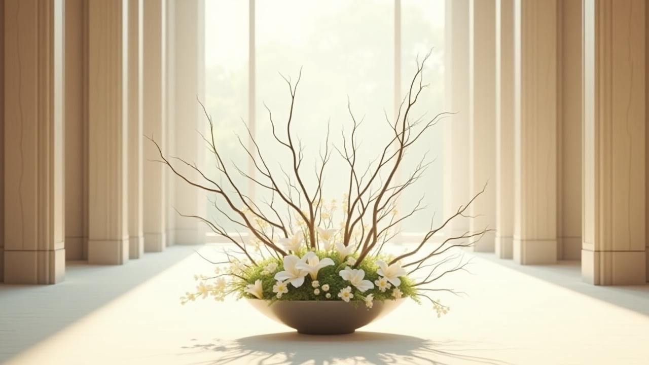 Stunning large-scale ikebana installation in a minimalist, modern Tokyo interior with abundant natural light.