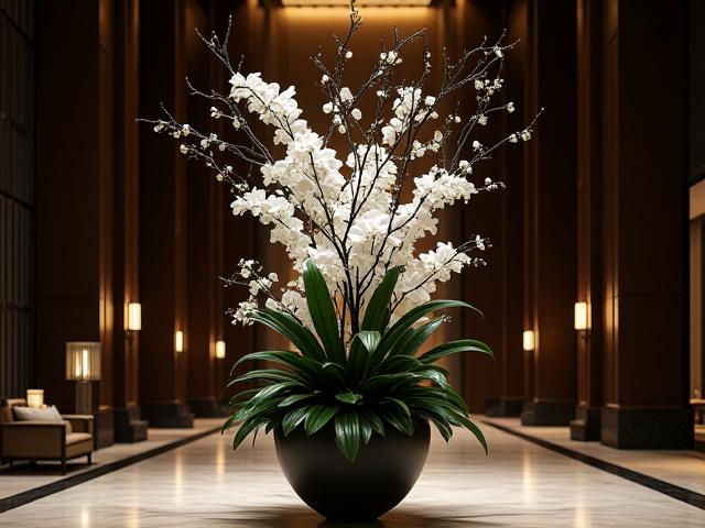 Grand hotel lobby featuring a monumental ikebana arrangement with exotic orchids and tall, architectural branches.