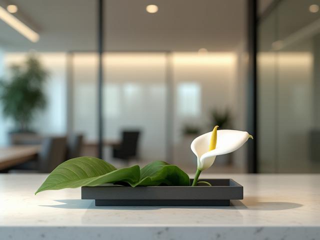 Modern office reception desk with a sleek, low ikebana design of green foliage and a single white calla lily.
