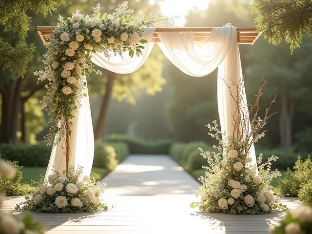 Wedding ceremony altar decorated with a flowing ikebana arrangement of white roses, eucalyptus, and delicate draping fabrics.