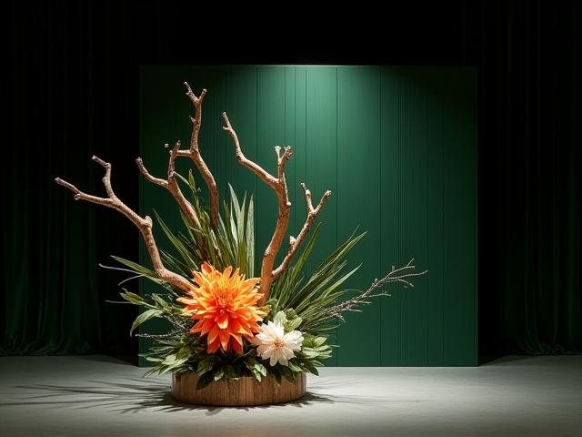 Corporate award ceremony stage backdrop adorned with a bold, contemporary ikebana installation in corporate brand colors.
