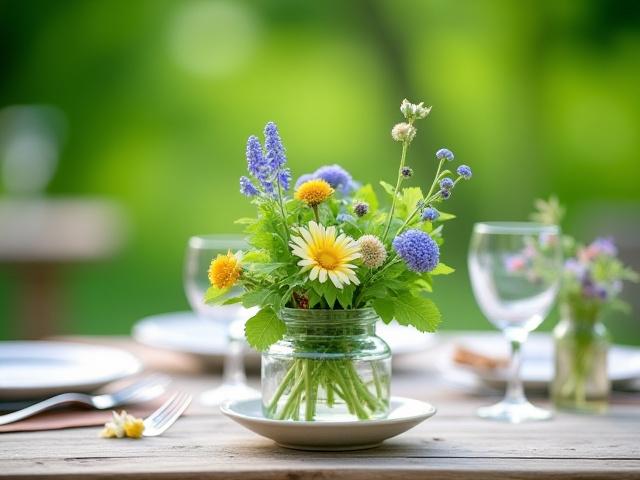 Outdoor garden party table settings with individual, charming mini ikebana centerpieces using local wildflowers.