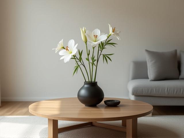 Living room with an elegant, minimalist ikebana arrangement on a low table, featuring white lilies and bamboo.