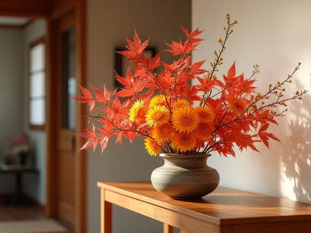 Entryway console table adorned with a vibrant ikebana arrangement of seasonal autumn leaves and chrysanthemums.