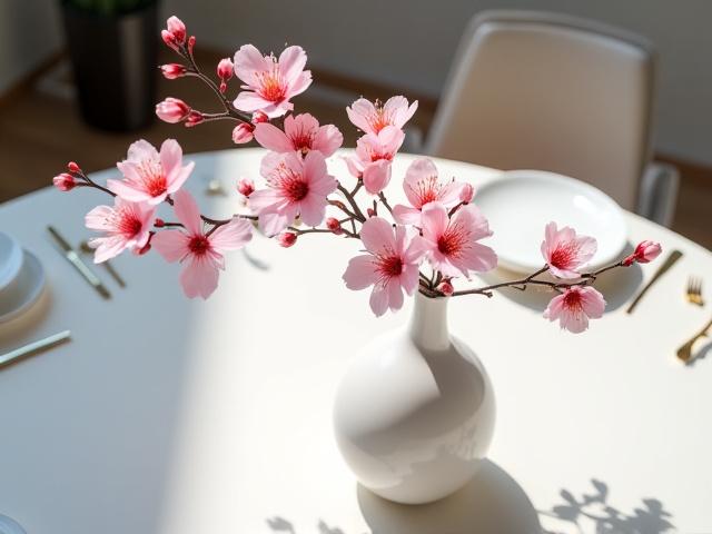 Dining table centerpiece featuring a delicate modern ikebana with pink cherry blossoms and slender branches.