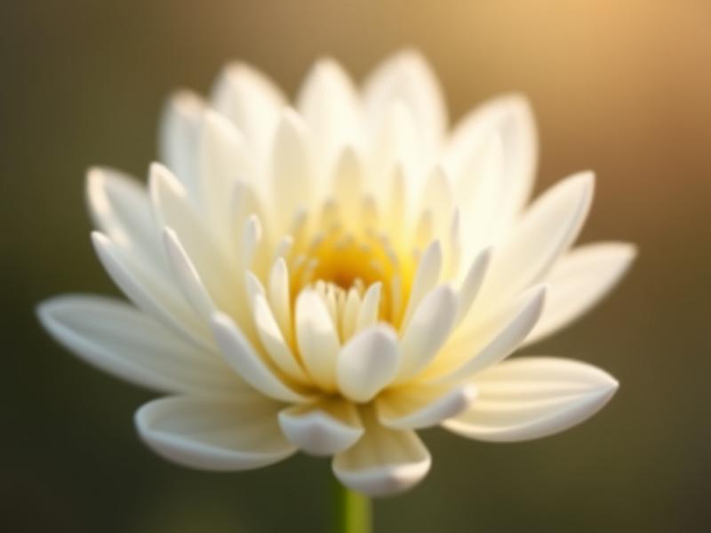A perfect, intricate white chrysanthemum bloom, centered, with delicate petals unfolding. The background is softly blurred in earthy tones.