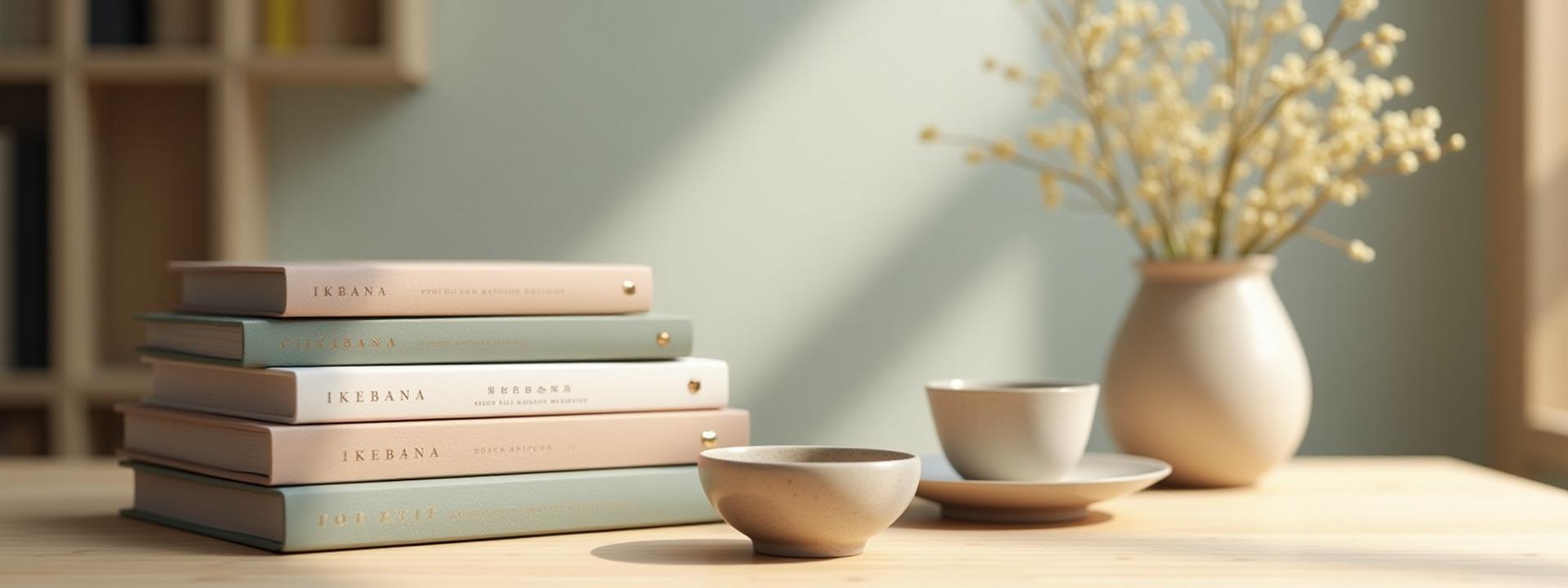 Stack of elegant Ikebana books next to a Japanese teacup and a small, delicate ikebana arrangement