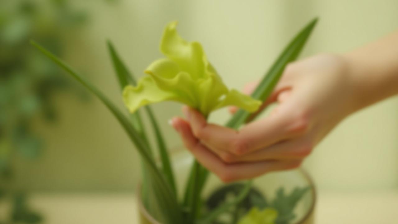 Close-up of hands gently touching a leaf in an Ikebana arrangement, conveying peace and connection to nature