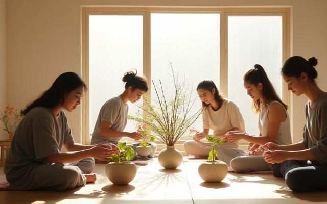 Peaceful group of diverse students in a sunlit studio, engaged in Ikebana arrangement