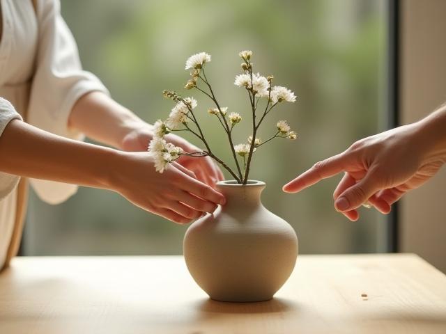 A close-up of hands carefully arranging flowers and branches in an Ikebana arrangement