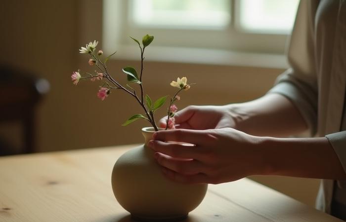Hands meticulously arranging flowers in a serene Ikebana setting