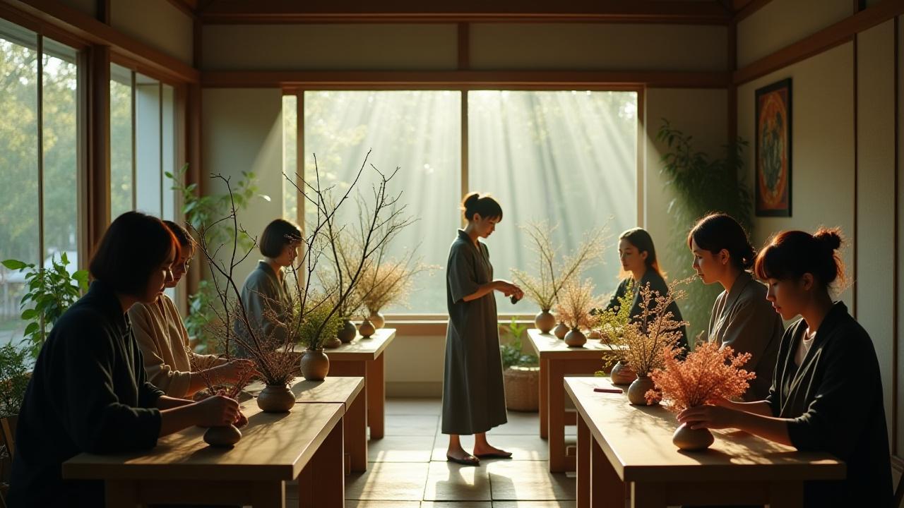 Students attentively arranging flowers in a tranquil Ikebana studio in Setagaya, Tokyo