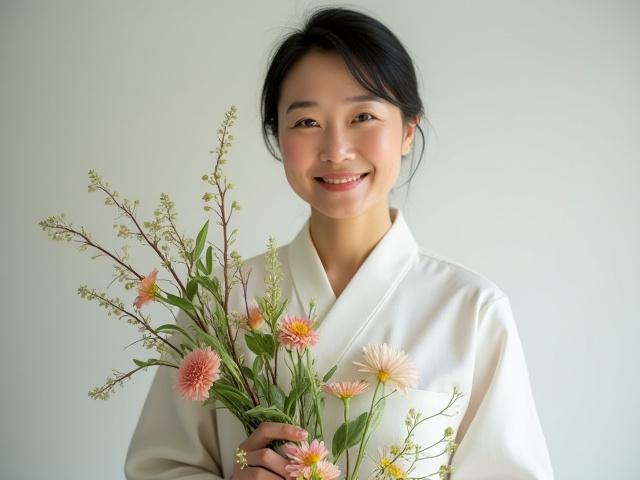 Yuko S., a Shinsei Hana student, proudly presenting her Ikebana arrangement.