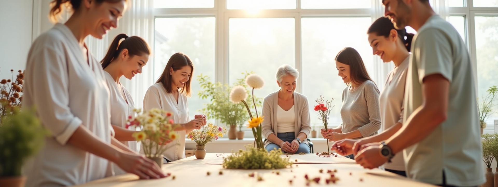 Diverse group of smiling individuals of various ages and backgrounds actively engaged in an Ikebana workshop, arranging flowers with concentration and joy.