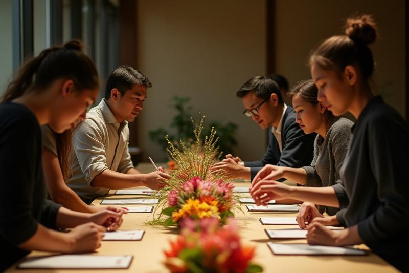 Participants from various cultural backgrounds engaged in an Ikebana workshop, listening attentively to an instructor speaking in English and Japanese, with vibrant flower arrangements on display.