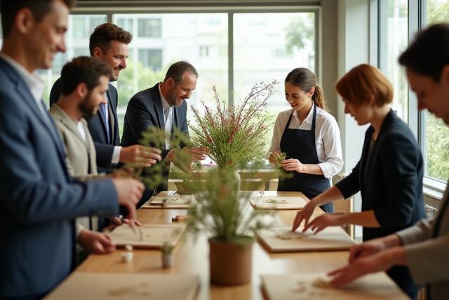 A diverse group of colleagues collaborating and smiling during an Ikebana workshop, fostering team building