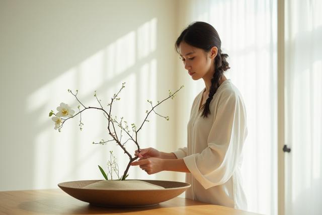 A serene person calmly arranging flowers, focusing intently, promoting mental wellness through Ikebana