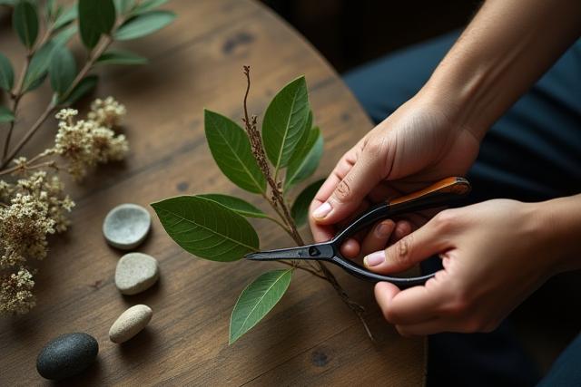 Hands carefully trimming a branch from a sustainably sourced variety, emphasizing eco-friendly Ikebana