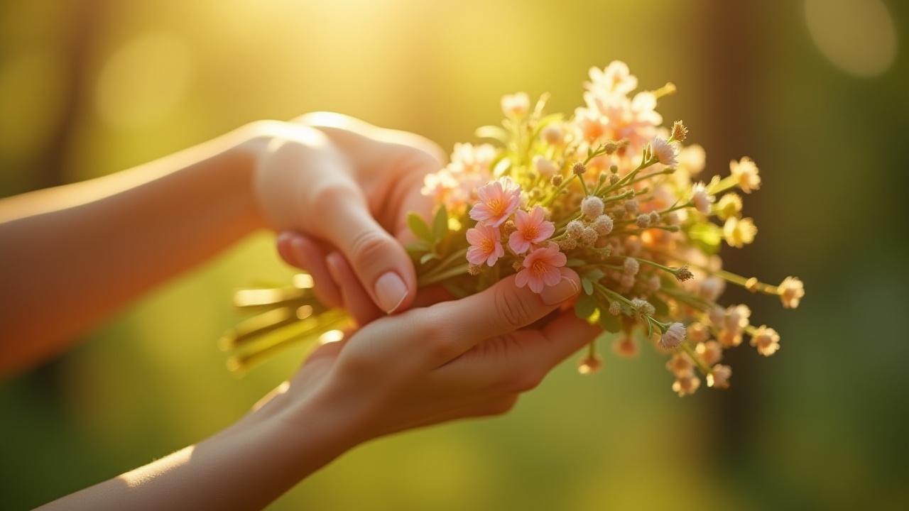 Close-up of a hand gently holding a bundle of locally grown, seasonal flowers, bathed in natural light.