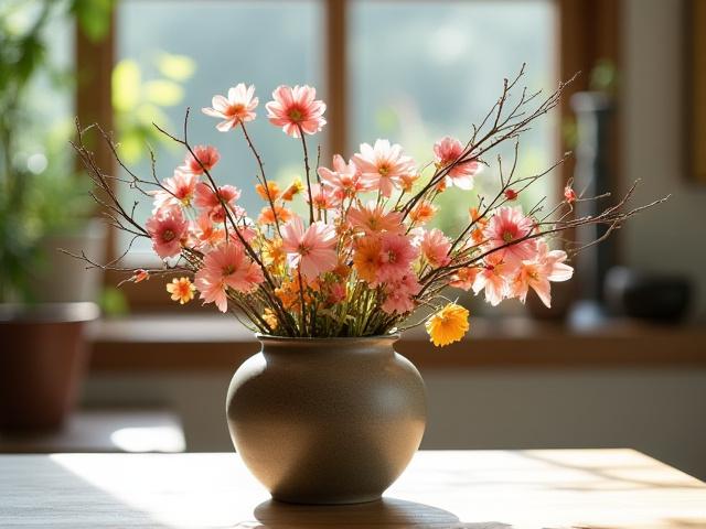A beautiful Ikebana arrangement in a rustic, ceramic vase, clearly demonstrating the absence of floral foam, surrounded by natural elements.